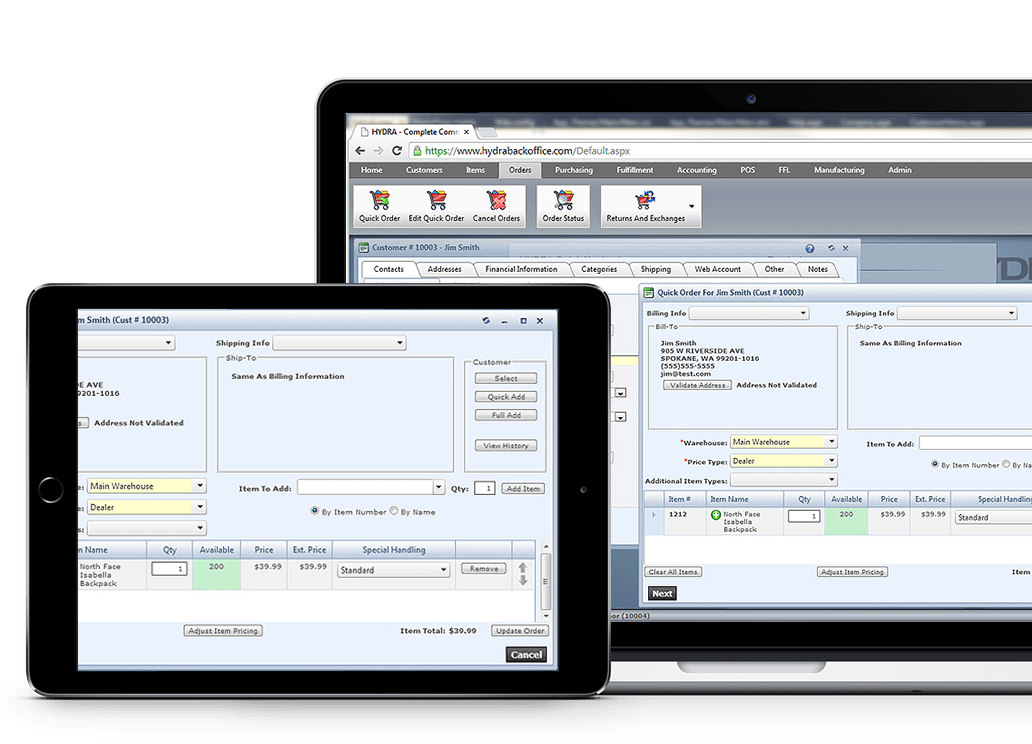 HYDRA business software on desktop and tablet